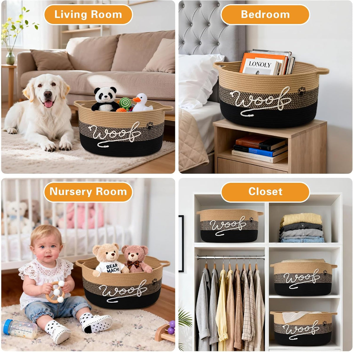 Woof Dog Toy Basket with Handles, Large Dog Toy Storage Bin with Paw Print, Woven Dog Basket for Blankets, Toys, Chews, Pet Toy Box for Nursery, Living Room, Bedroom, 20”x14”x9, Black