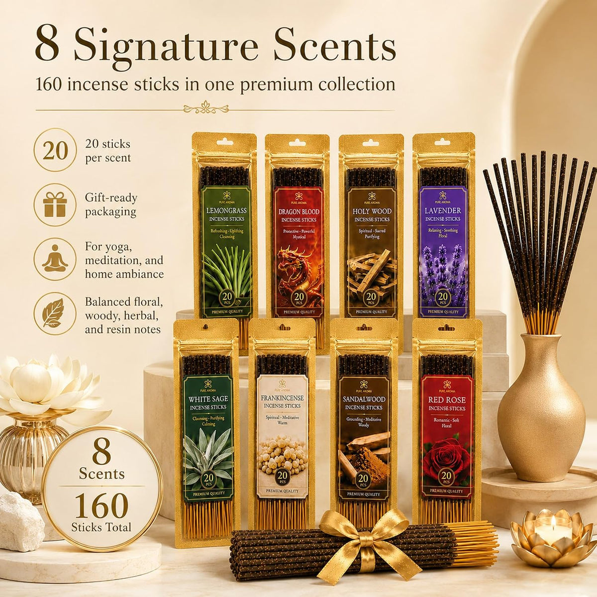 RAINFLOW Incense Sticks 160 Pack, 8 Scents Indian Incense Variety Pack