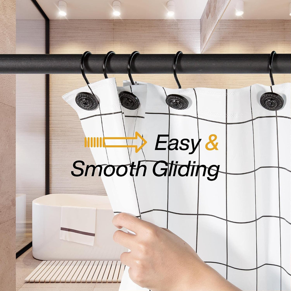 Black Shower Curtain Hooks, Rust Proof Decorative Shower Curtain Rings for Bathroom, Shower Curtain Hooks for Shower Liner, 12Pcs