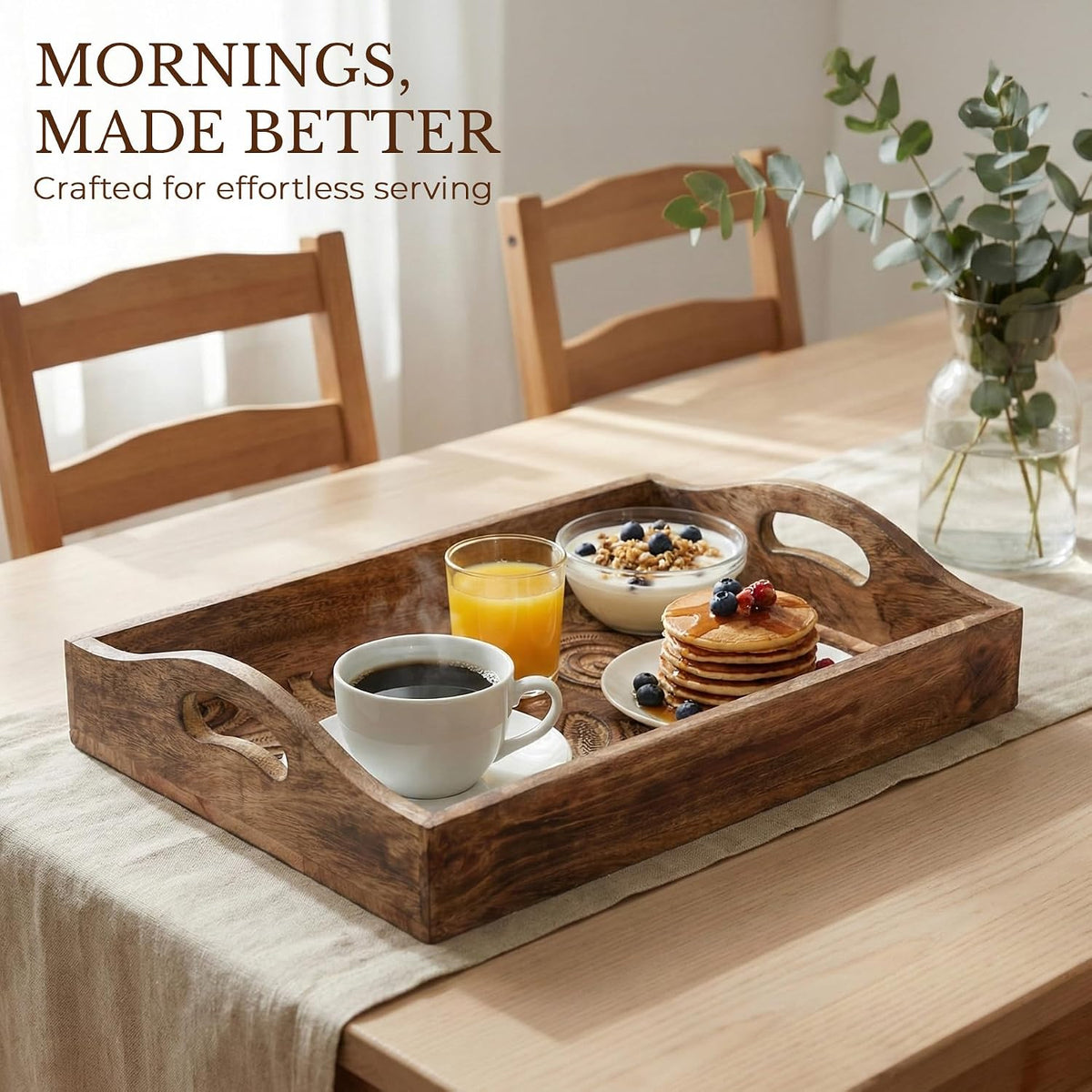 Ajuny Wooden Serving Trays Set of 3 with Handles, Tree of Life Carved Trays