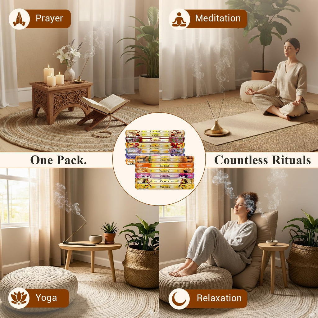 Tulasi Incense Sticks Pack of 12 Natural Scent (240 Sticks) Variety Fragrance of Coconut, White Sage, Red Rose, Palo Santo Lavender & Cinnamon etc, Ideal for Meditation & Positive Vibes