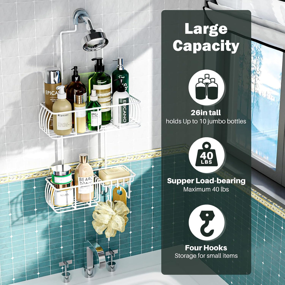 Epicano Shower Caddy Hanging Over Head, White,Stainless Steel
