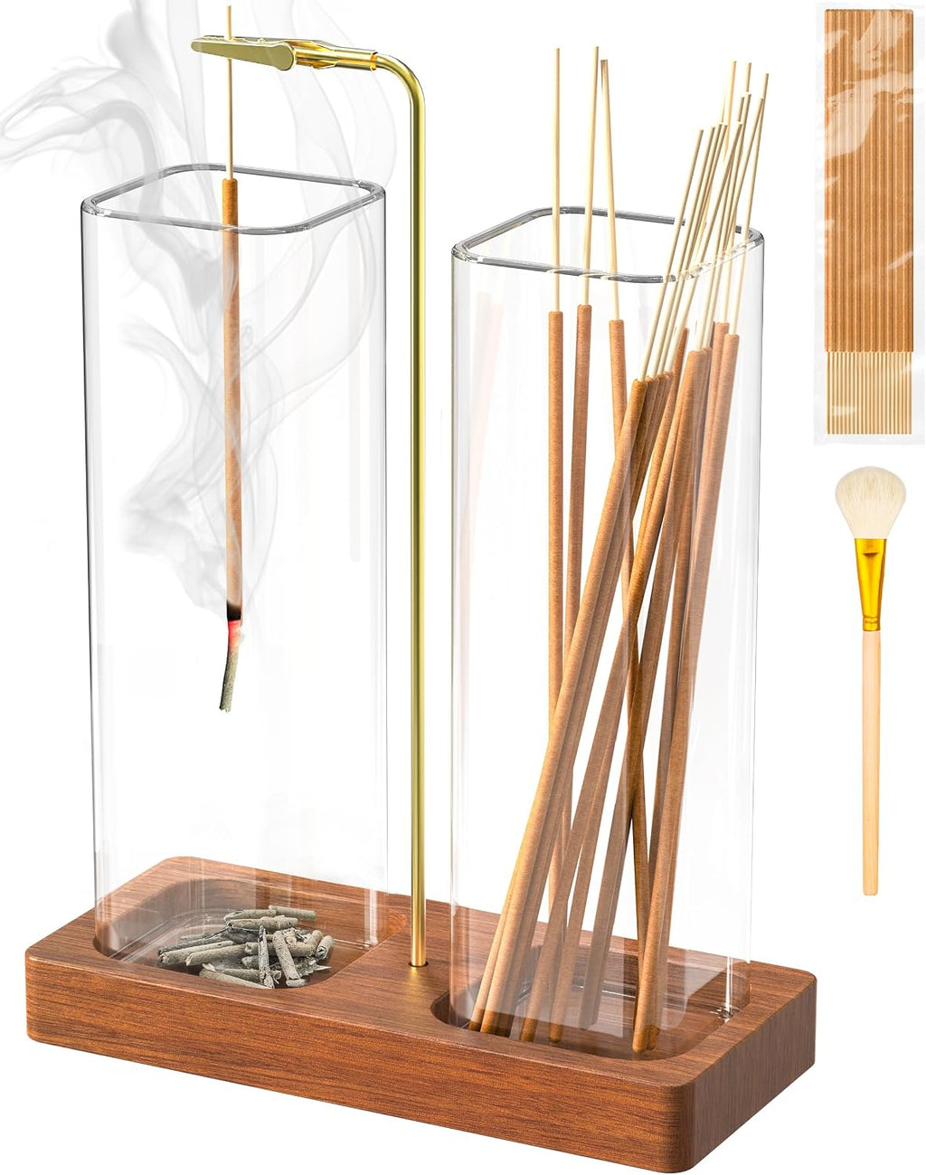 Incense Holder for Sticks, 2 in 1 Incense Burner with Glass Jars, Upside Down Incense Holder with Ash Catcher & Storage for Meditation Yoga Spa Home Decor with 20 Incense Sticks & Brush