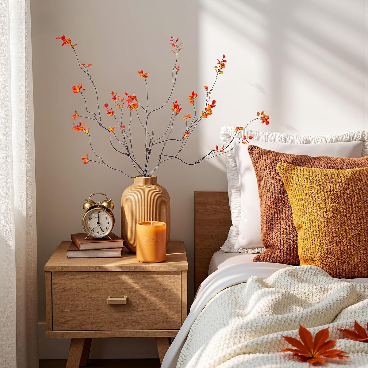 4PCS Artificial Orange Branches 35.4", Faux Fall Stems for Vase, Long Decorative Branches with Autumn Leaves, Bendable Orange Stems for Tall Vase Fall Decorations Home Decor