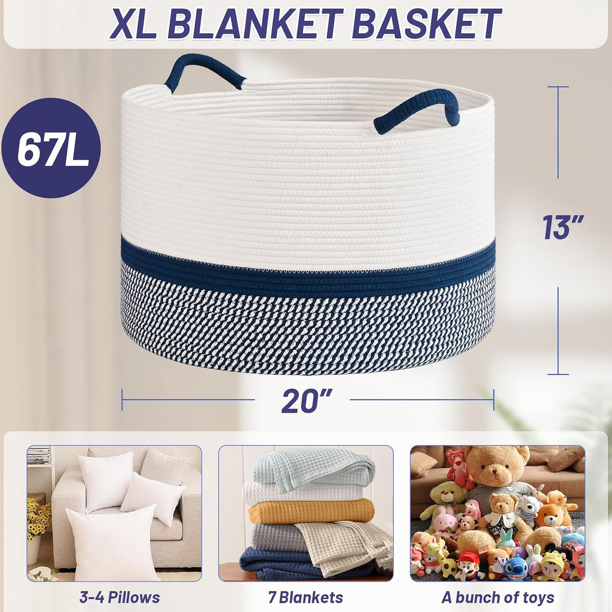 67L Large Blanket Basket, 20"x13" Blanket Basket Living Room, Woven Baskets With Handle, Toy Baskets for Blankets, Nursery, Dog, Pillow, Gift (White & Navy Blue)