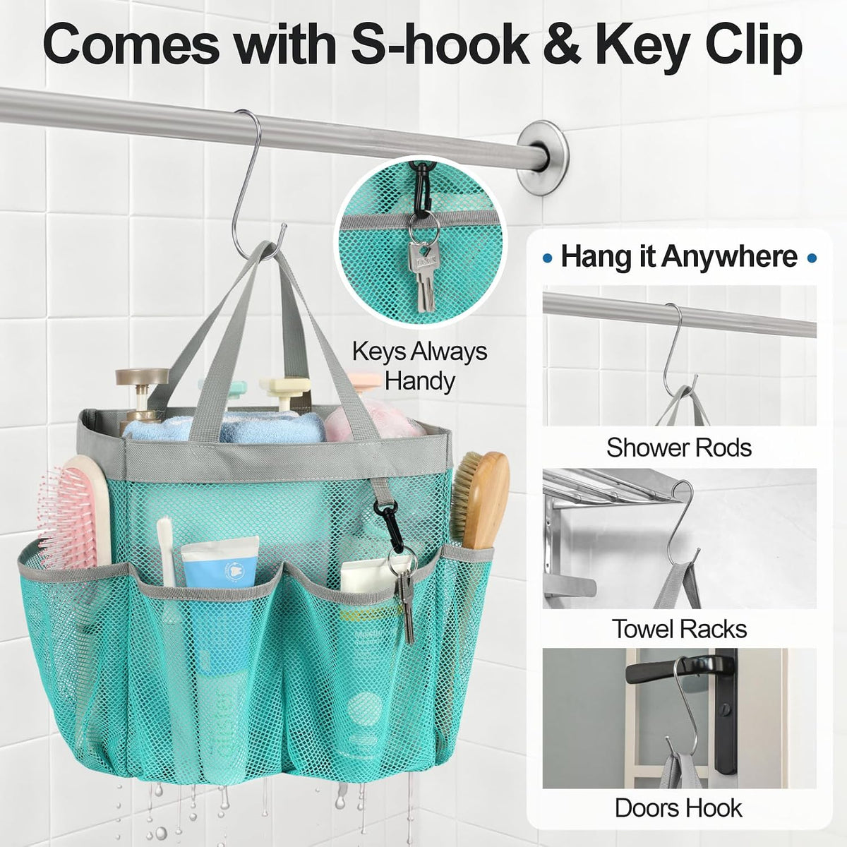 Mesh Shower Caddy Portable - 8 Pockets, S-Hook, Shower Bag for Dorm Camping