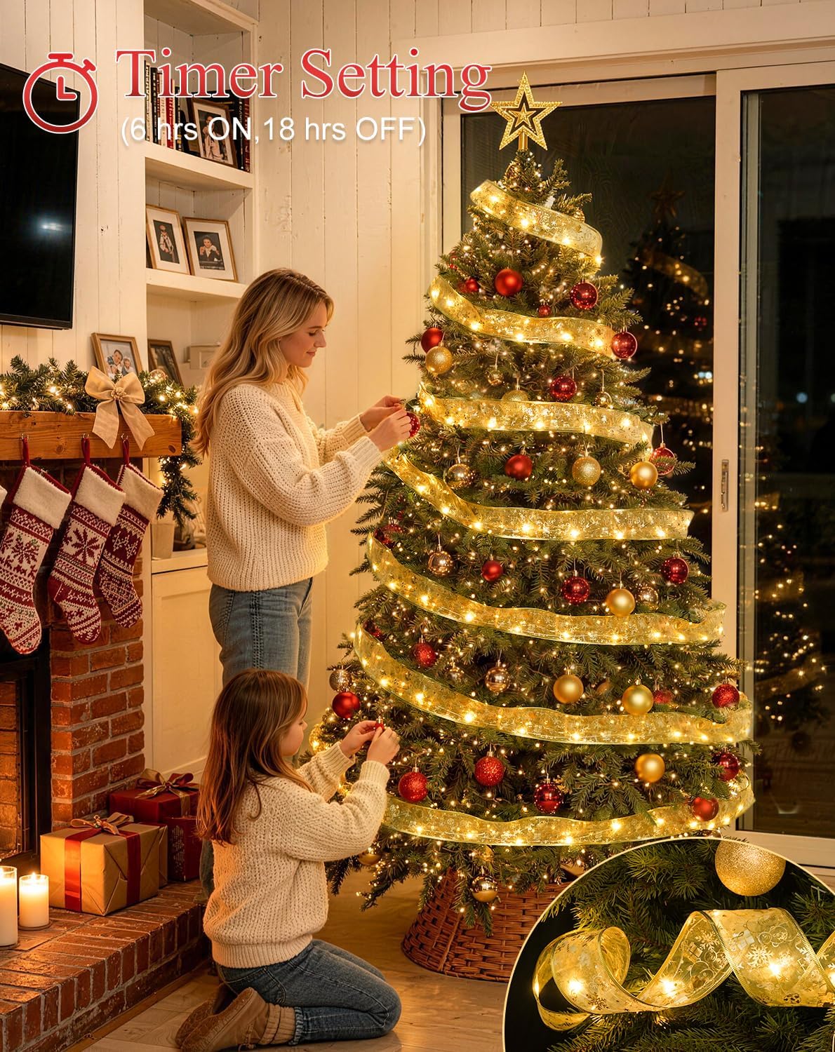 JMEXSUSS Christmas Decor 66Ft 200 LED 2.5Inch Christmas Tree Ribbon Lights