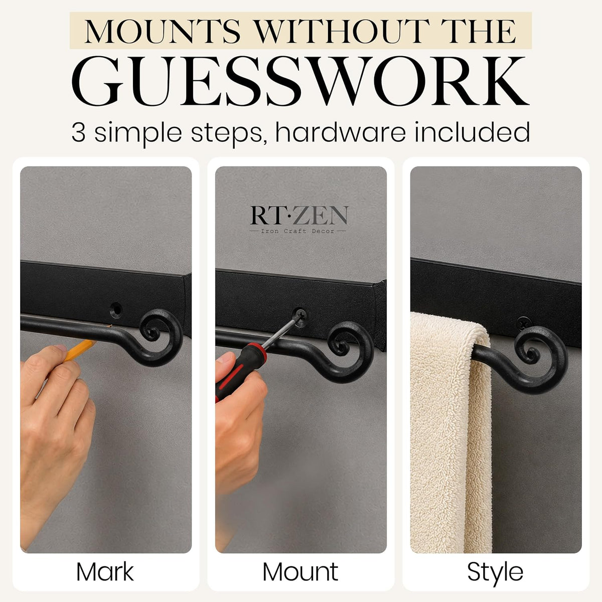 RTZEN Matte Black Hand Towel Holder for Your Bathroom, Fits 10" Towels