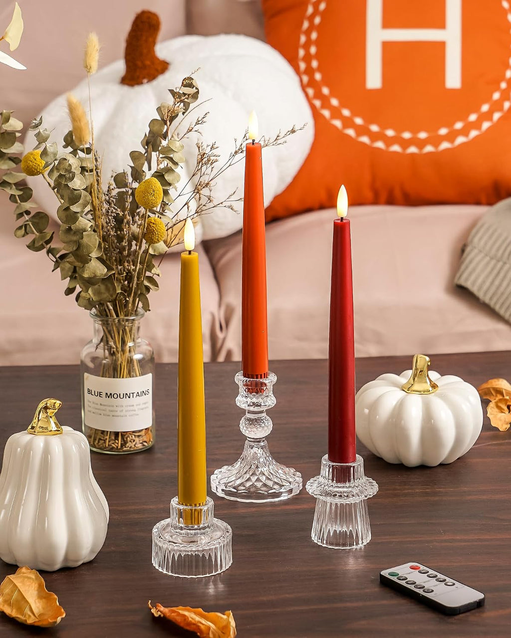 Stmarry Fall Flameless Taper Candles with Remote and Timer, 9.65 Inch Real Wax LED Candlesticks, Battery Operated Thanksgiving Candles with 3D Flickering Flame, Bordeaux, Terra Cotta & Caramel, 6 Pack