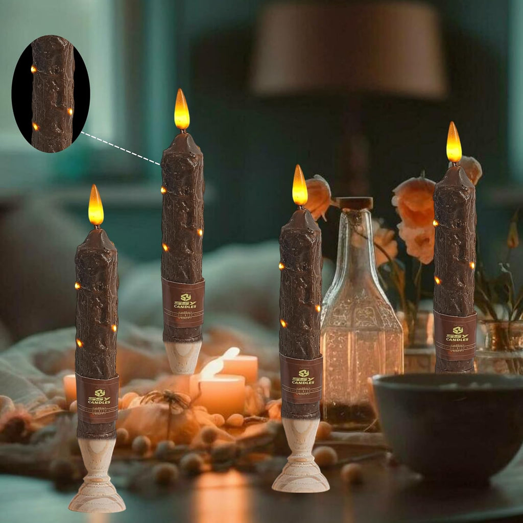 6.5 inch Flameless Brown Taper Candles Flickering with 10-Key Remote, Battery Operated Led Warm 3D Wick Light Window Candles Real Wax Pack of 4, Christmas Home Wedding Decor