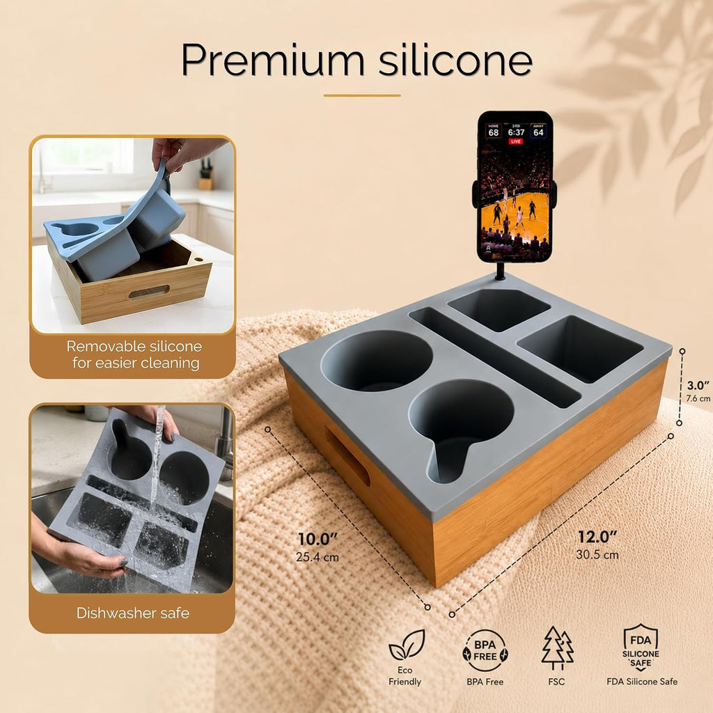 Couch Caddy with Cup Holder | Wood Couch Cup Holder Tray for Drinks, Snacks & Remotes | Sofa Couch Organizer with Phone & Cup Holder Tray (Grey)