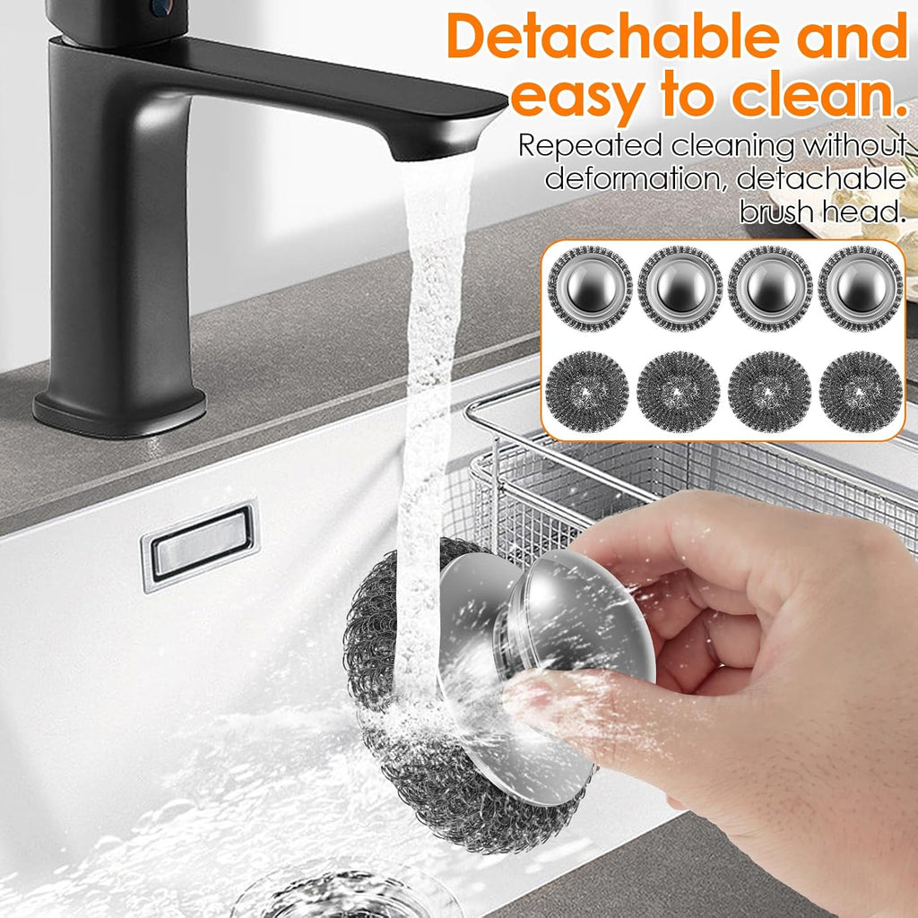 16 Pack Steel Wool Scrubber with 8 PCS Replacement Wire Pads Set, Replaceable Steel Pot Scrubber, Non Scratch Dish Sturdy, for Cleaning Pots, Pans, Grills, Sink