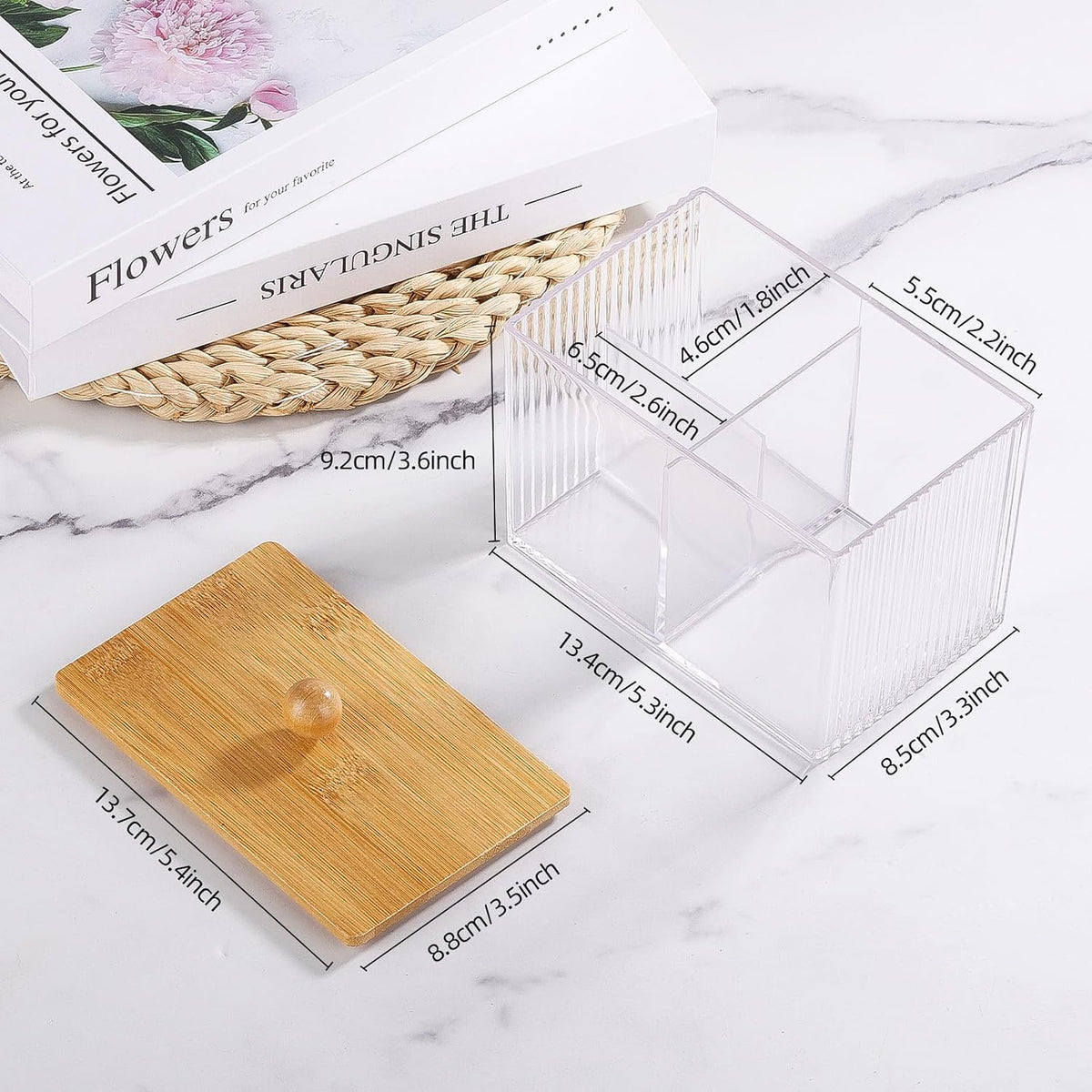 Qtip Holder with Bamboo Lids, 3 Compartments Cotton Ball/Swabs Dispenser, Apothecary Jar Clear Plastic Bathroom Container for Storage and Organizer