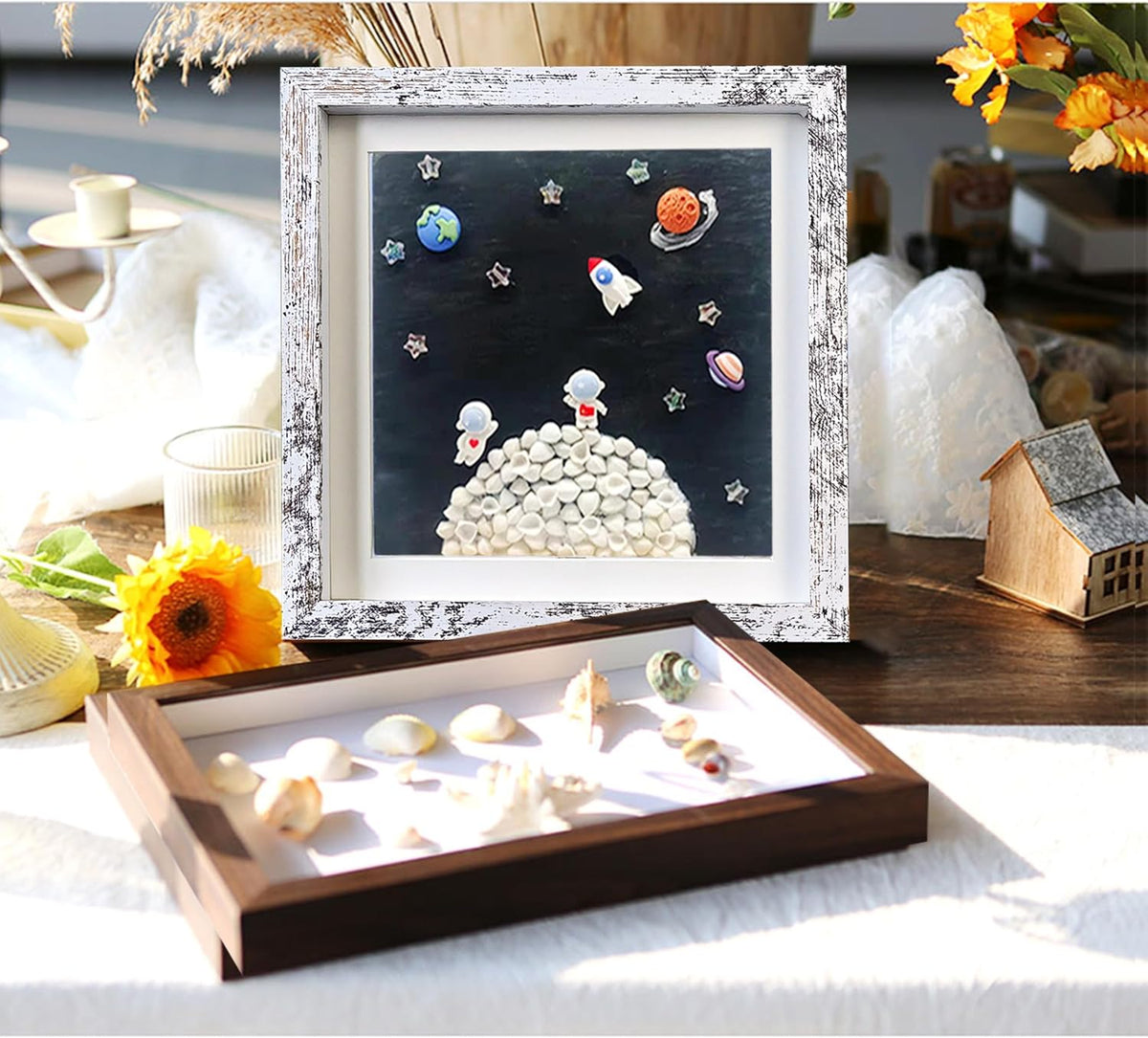 Rustic 8x8 Shadow Box Frame White Shadow Box Display Case Made of Solid Wood and Real Glass Internal Depth 0.6 inches for Wall Or Tabletop（3 Pack）