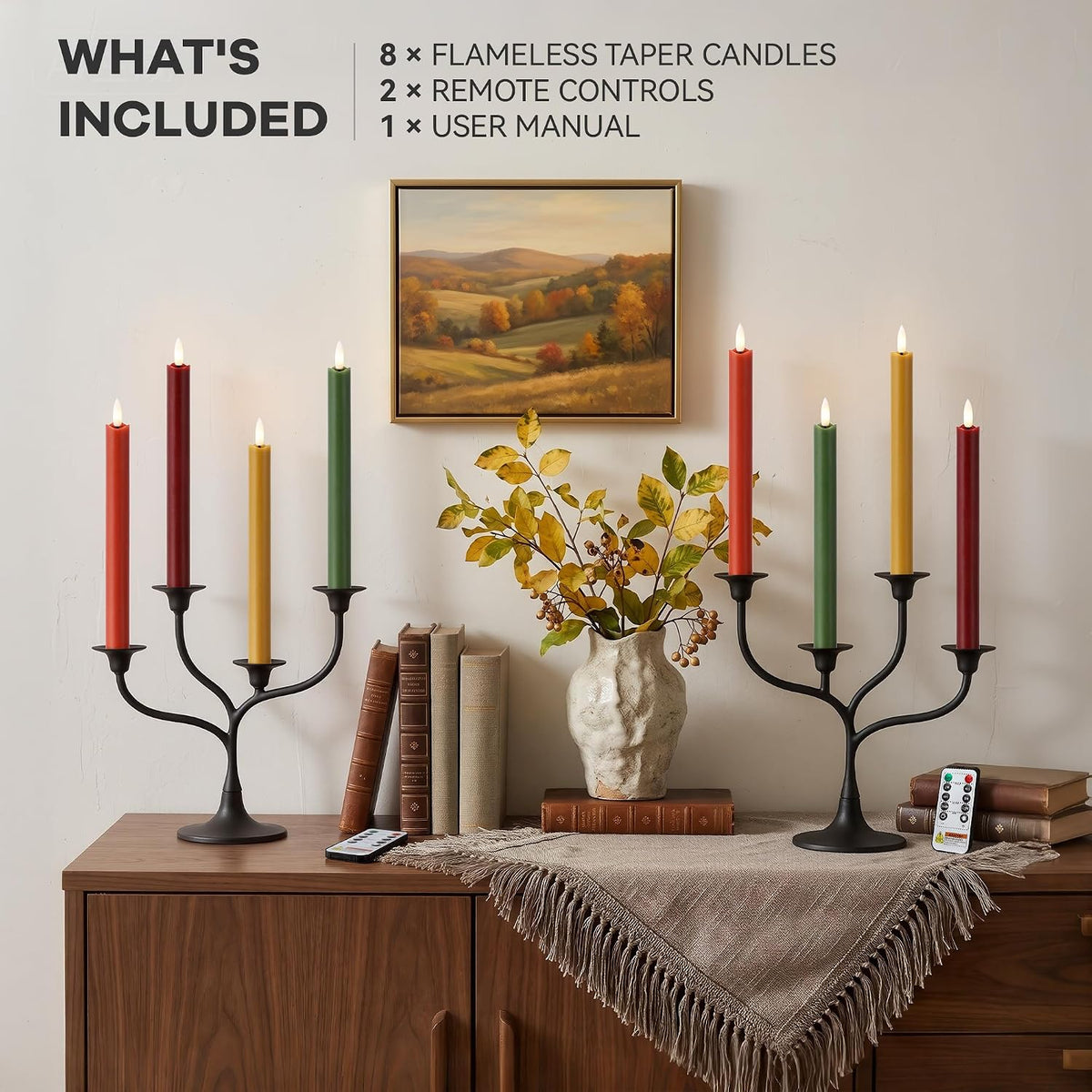Fall Taper Candles Flameless Candle Sticks Battery Powered, Remote, 8 Pack
