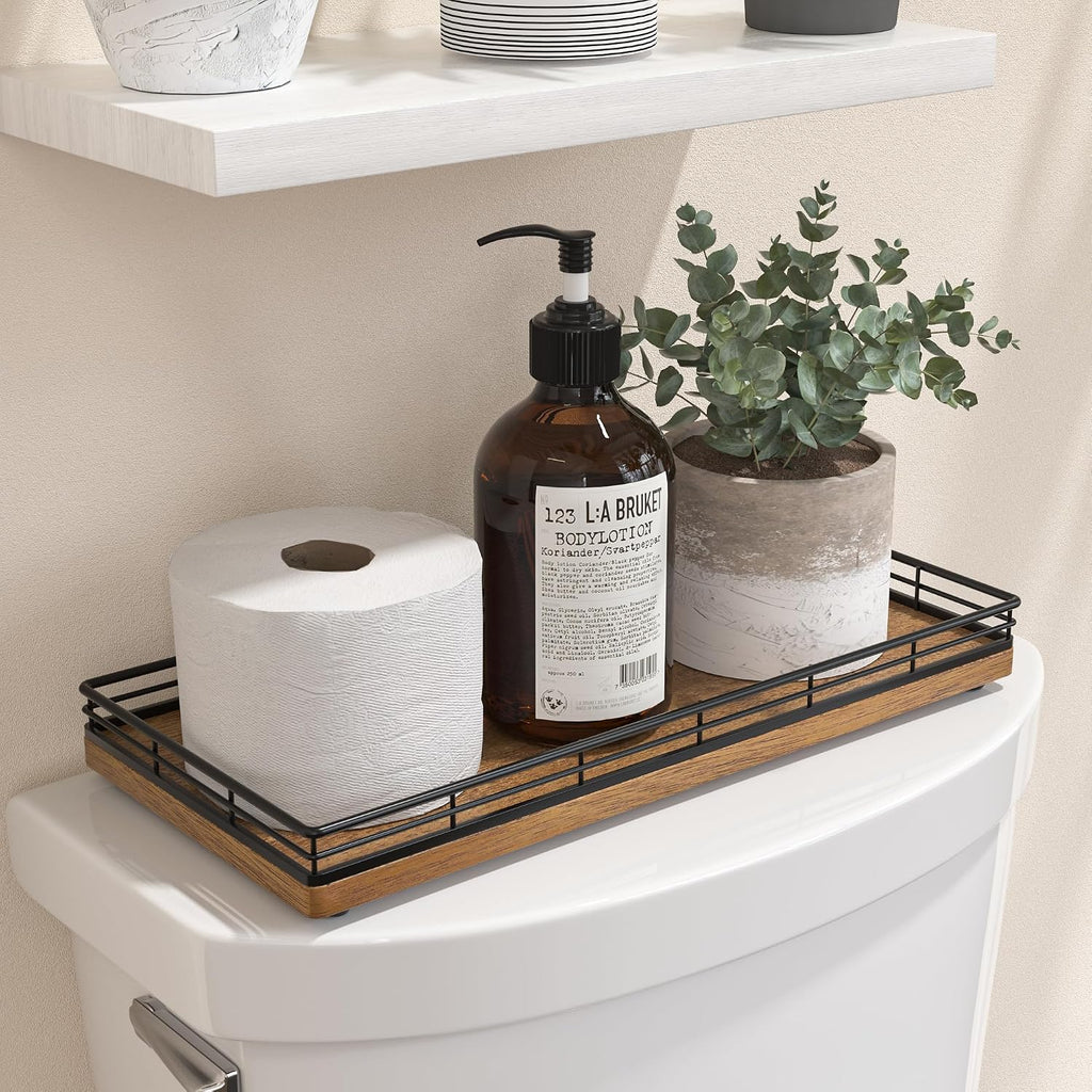 Oak Bathroom Toilet Tank Tray, 13" Wood Back of Toilet Paper Storage Tank Topper Basket, Vanity Tray for Perfume Makeup Candle Toiletry Organizer for Kitchen Coffee Table Walnut Tray Decor
