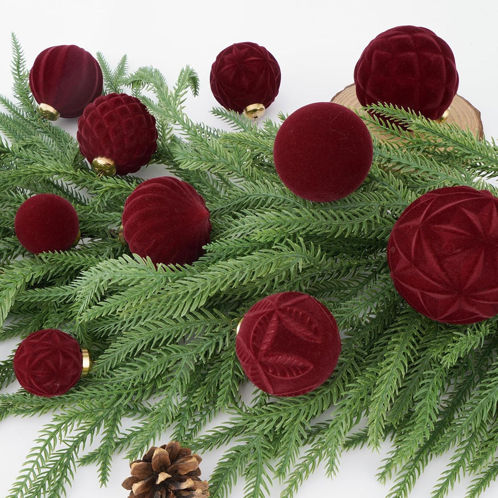 46PCS Velvet Christmas Ball Ornaments Set, Burgundy Flocked Shatterproof Xmas Tree Decor, Assorted Hanging Ornaments with Loop for Holiday Home Decor, Christmas Tree Decoration (Red)