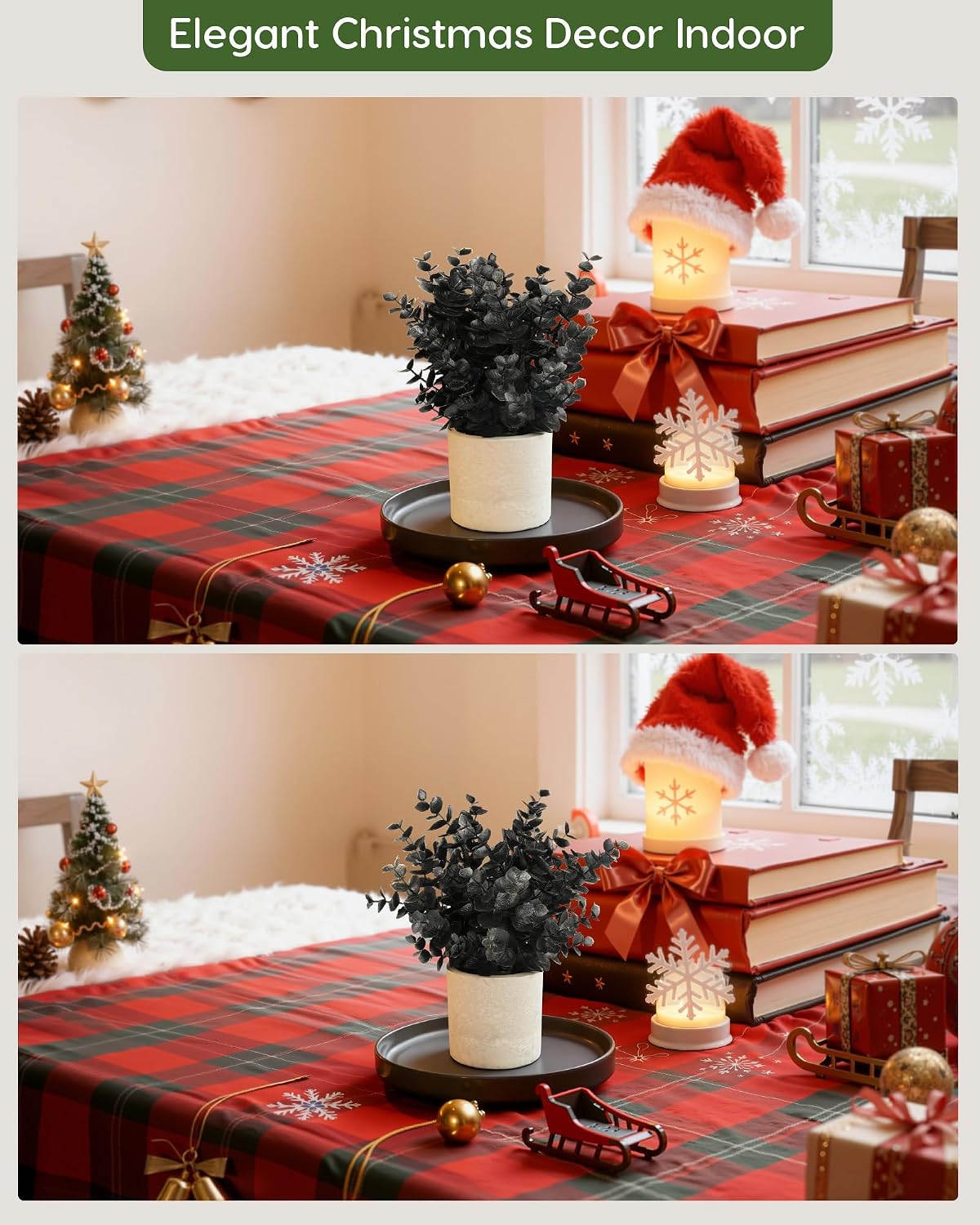 Velener 2 PCS Small Fake Eucalyptus Plant Halloween Artificial Potted Plants Indoor for Christmas Decor Indoor Realistic Faux Plant for Office, Bathroom, Living Room, Desk, Shelf, Home Decor (Black)