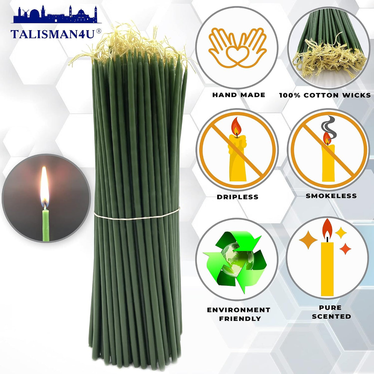 TALISMAN4U 50 Green Beeswax Taper Prayer Candles 11inch Holy Land Jerusalem