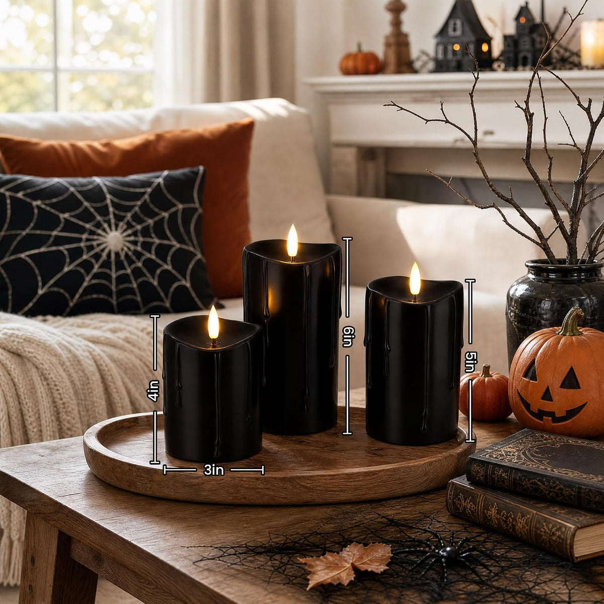 Halloween Black Dripping Wax Flameless Pillar Candles with Remote, Set of 3