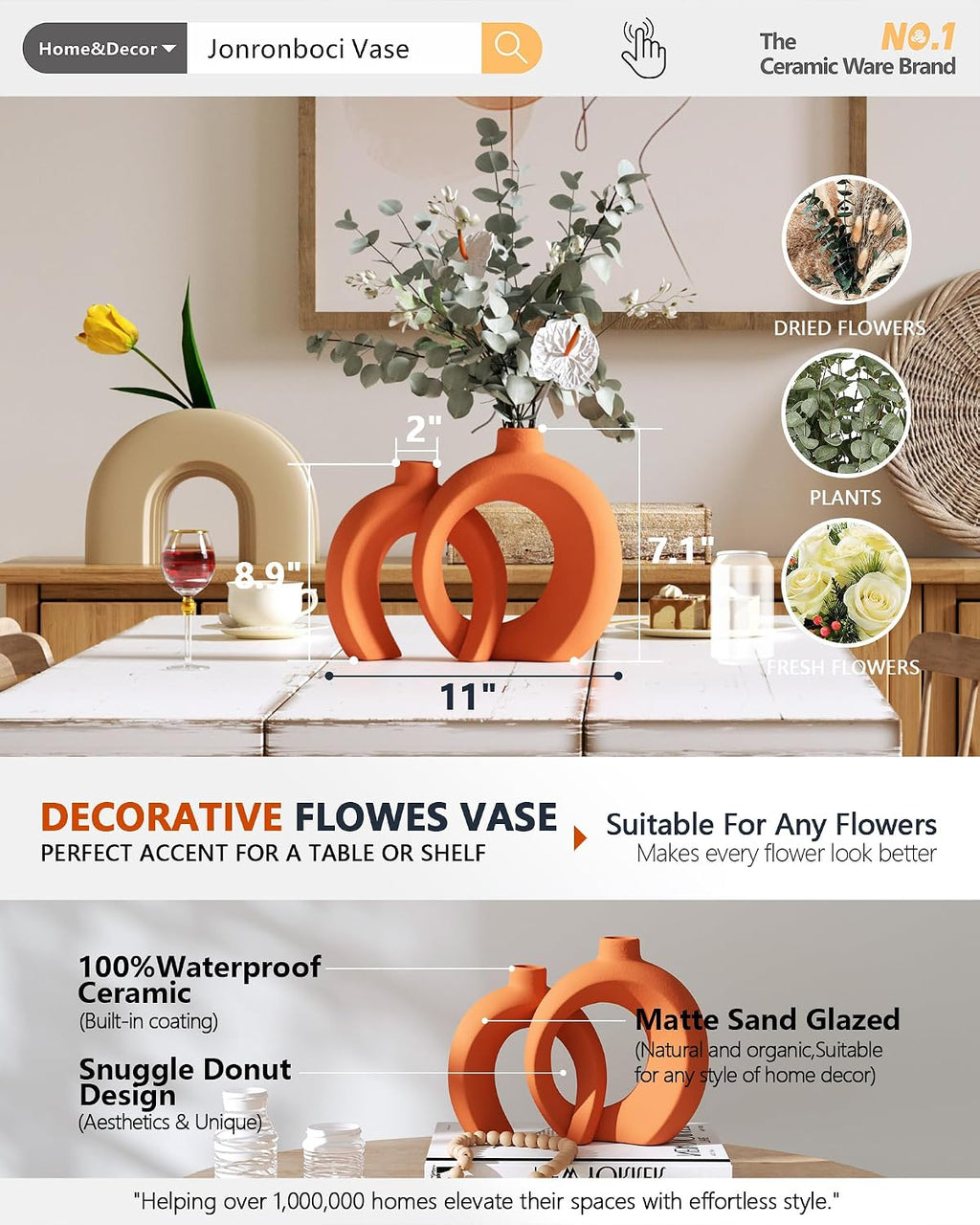 Set of 2 Orange Ceramic Vases for Home Decor Accents - Unique Hollow Donut Artistic Design Mid-Century Modern Eclectic Fall Style Decorative Vases for Shelf, Mantel, Entryway Table Decor(Matte Orange)