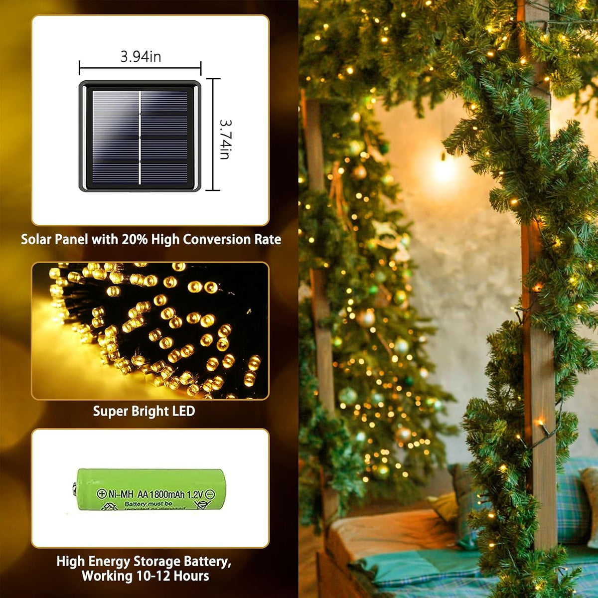 Solar String Lights Outdoor 4 Pack 170FT 480 LED Christmas Light Warm White