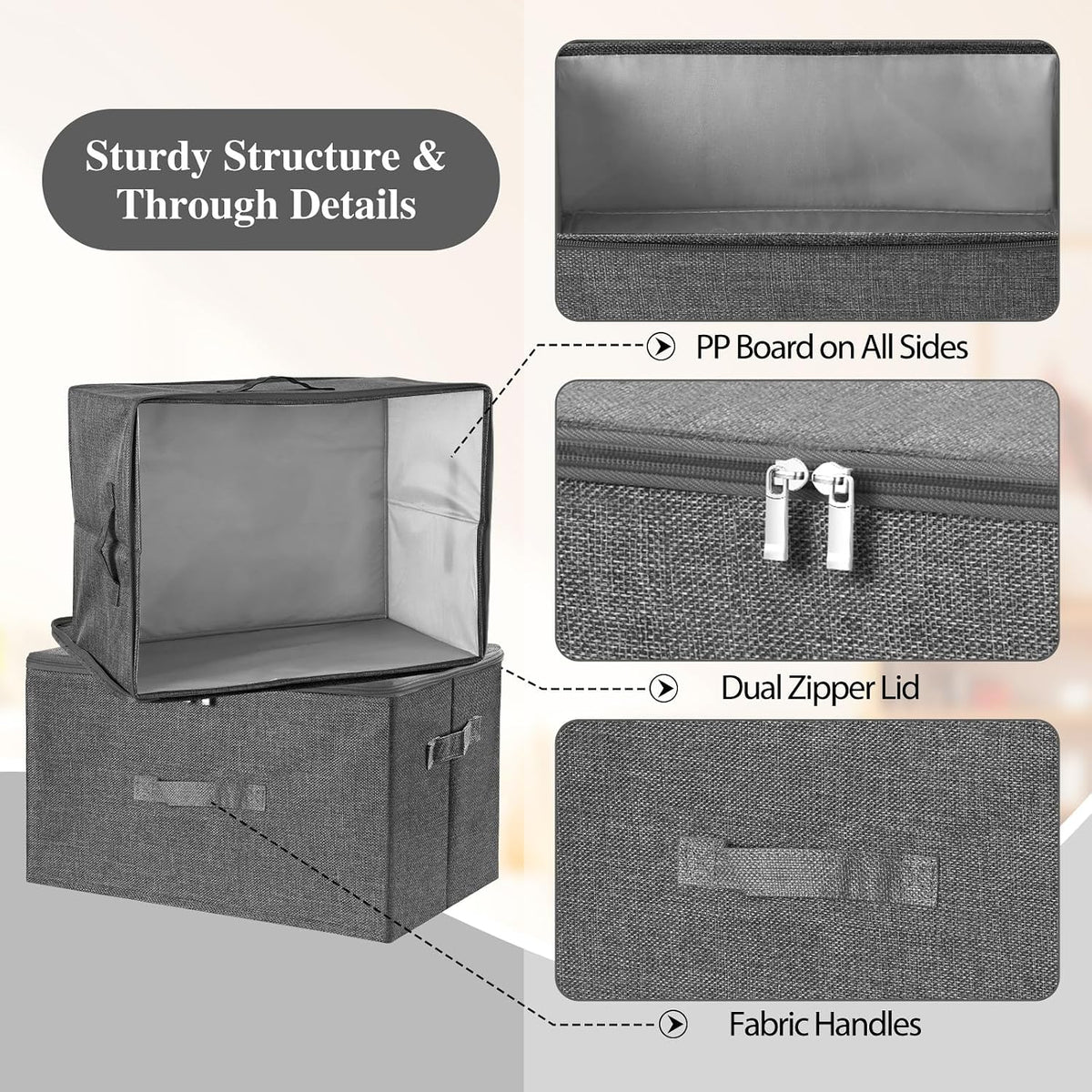 ANMINY Fabric Storage Bins with Zipper Lids, 20"x15"x12", Gray, 3 PCS