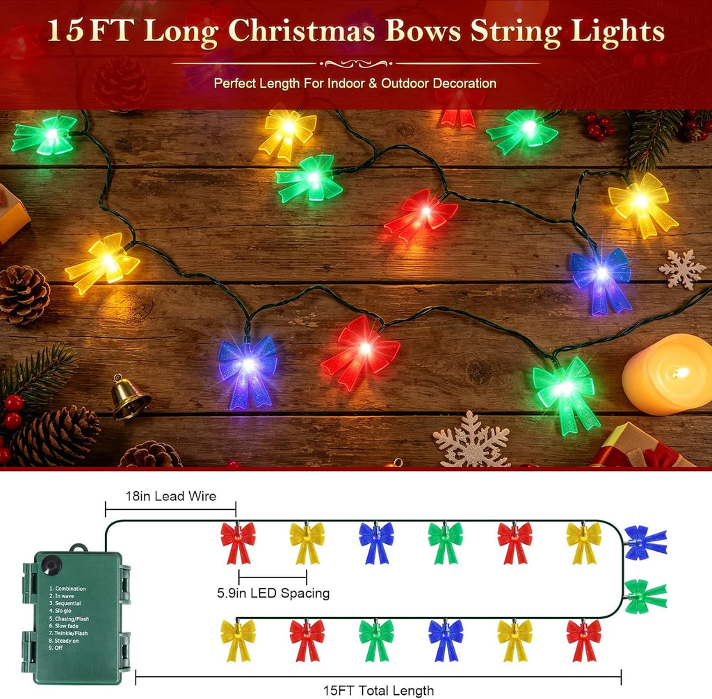 Battery Operated 15FT Christmas Bow 30LED Indoor String Lights Multicolor