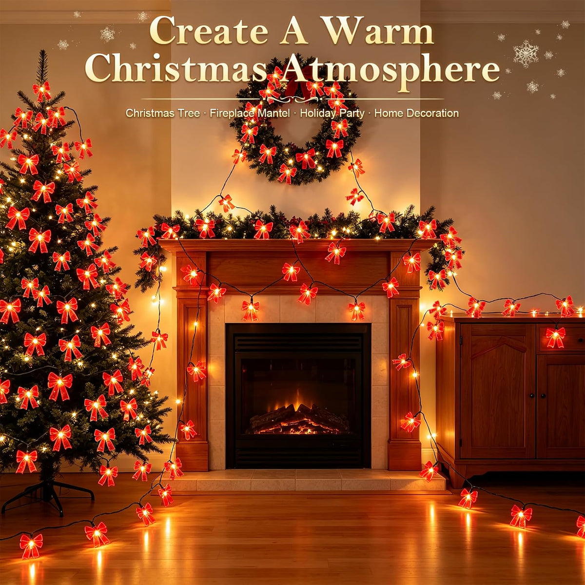 Battery Operated 15FT Christmas Bow 30LED Outdoor Fairy String Lights Red