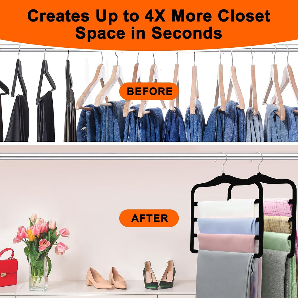 4 Pack Space Saving Velvet Pants Hangers, Dorm Room Essentials, Non-Slip Multi-Tier Closet Organizer for Jeans & Slacks, Maximize Wardrobe Storage with Multi-Purpose Rack for Shorts, Scarves & Ties