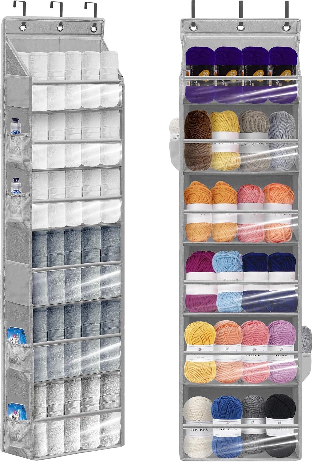 Over Door Organizer with 6 Extra Large Pockets and 12 Side Pockets, Large Capacity Hanging Storage Organizer with Clear Window for Shoes, Diapers, Grey, 6 Layers, 2-Pack