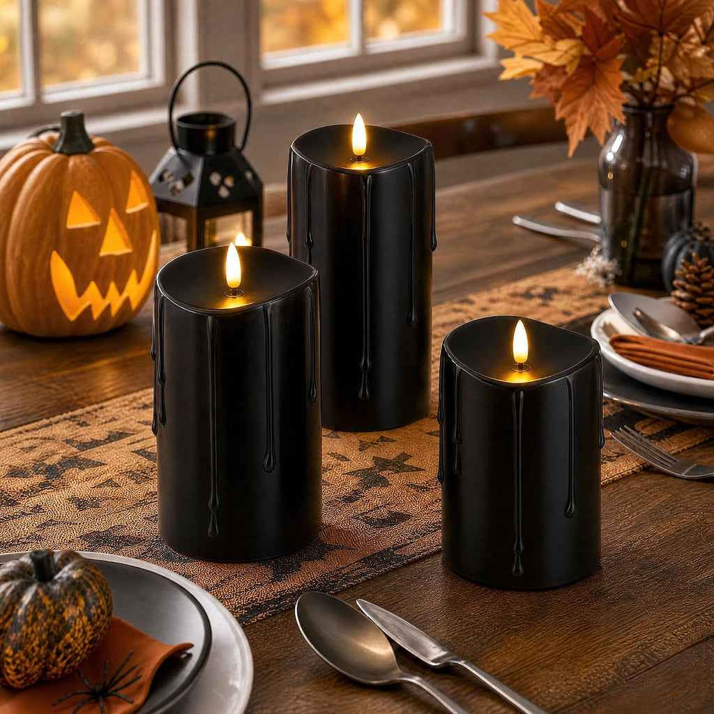 Halloween Black Dripping Wax Flameless Pillar Candles with Remote, Set of 3