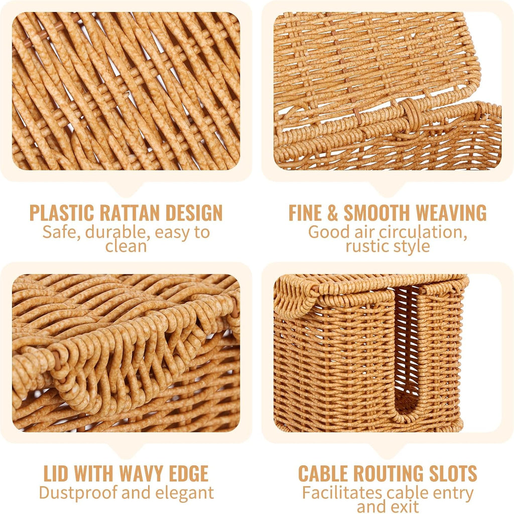 Scalloped Edge Handmade Cable Management Box, Elegant Plastic Rattan Cable Organizer, 2 Open Slots Sturdy Cord Hider Box, Under Desk Cord Organizer for Home TV Wires Computer Router USB Hub Strip (1)