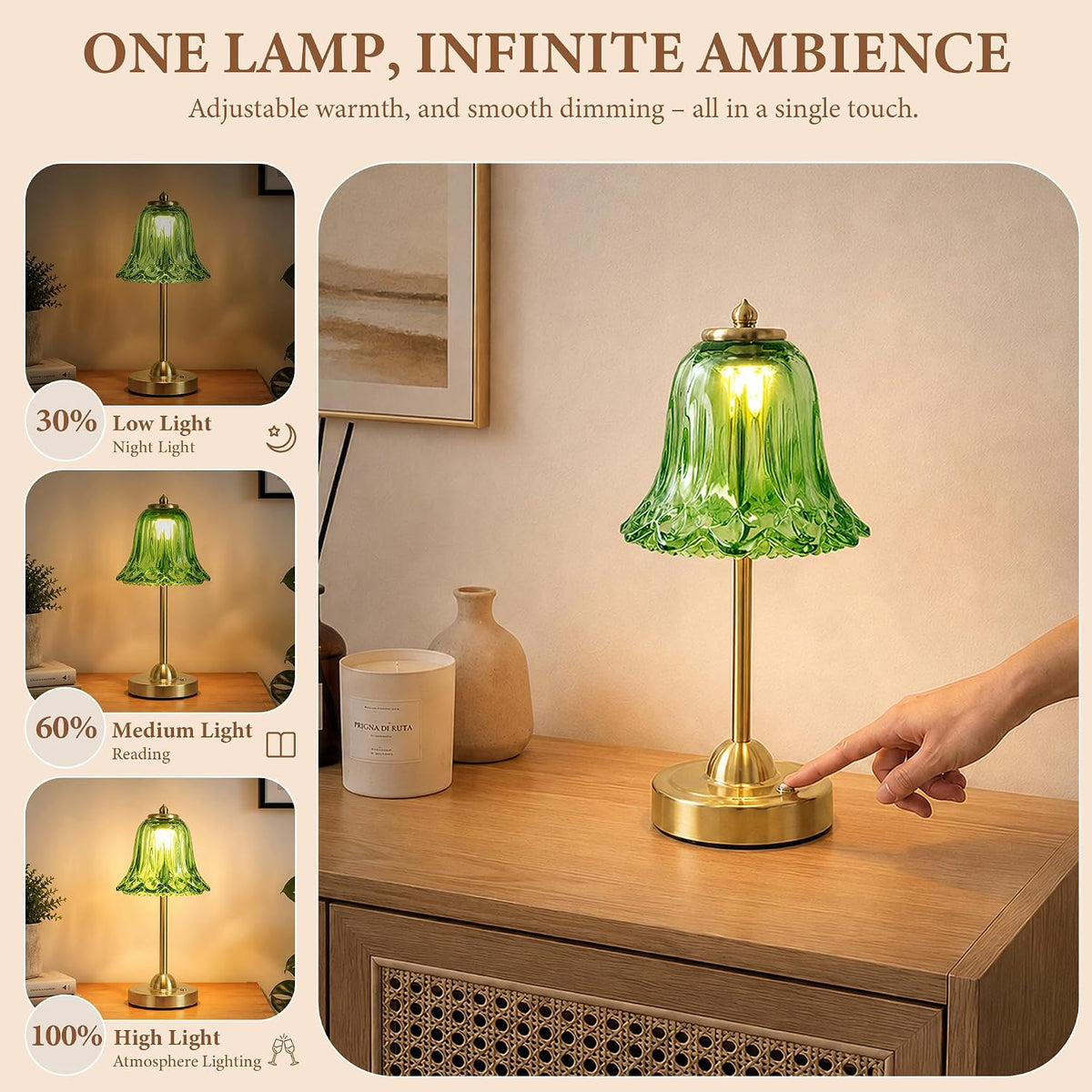 Cordless Table Lamp, Rechargeable Battery Operated Flower Touch Lamp, Green
