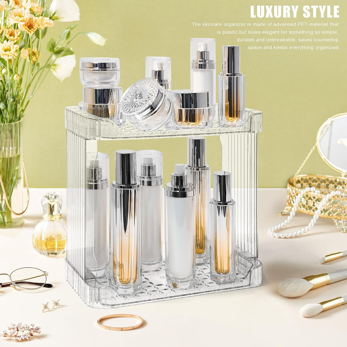Bathroom Counter Organizer Cosmetics Skincare Organizers-2 Tier-Clear