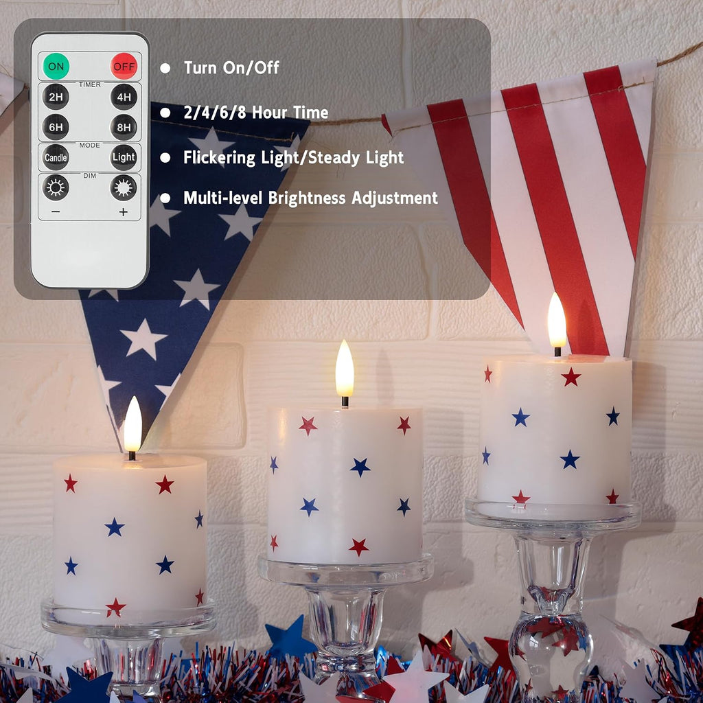 4th of July Flameless Pillar Candles with Red White and Blue Star Stickers, 250th Anniversary Patriotic Battery Operated LED Pillar Candles with Remote and Timer, Real Wax Candle Set of 3