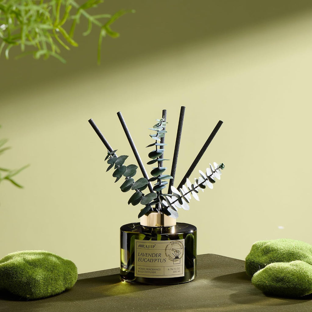Airkeep Reed Diffuser Set with 6.76 fl oz Lavender Eucalyptus Scent Essential Oils and 3 Leaves & 8 Diffuser Sticks,Bathroom Shelf Decor & Air Freshener, House Bedroom Office Decor & Gifts