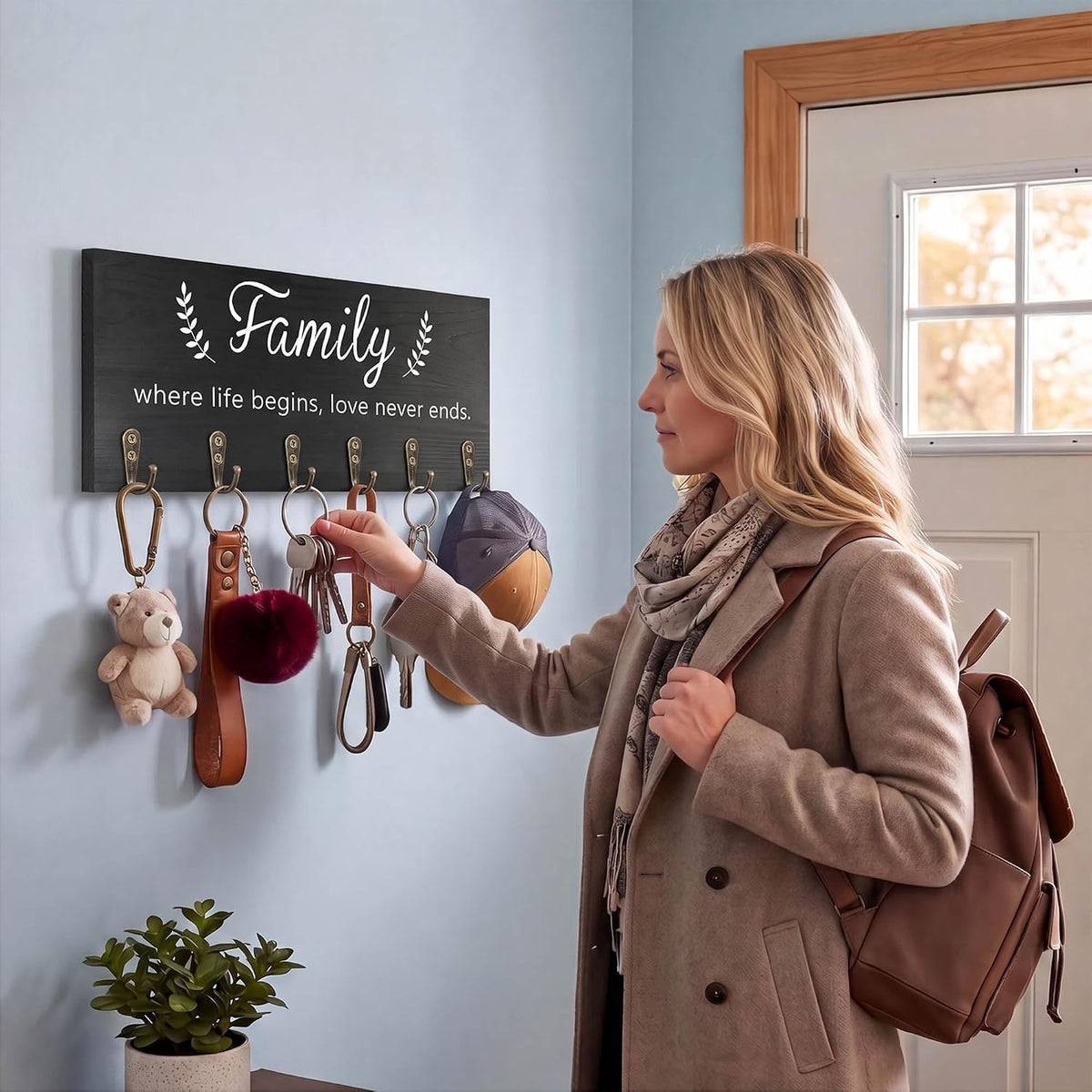 AHYS Key Holder Wall Mount Wooden Key Hanger with 6 Metal Hooks Rustic Family Wall Decor for Farmhouse Home Entryway Hallway Living Room Office Decorations - Black