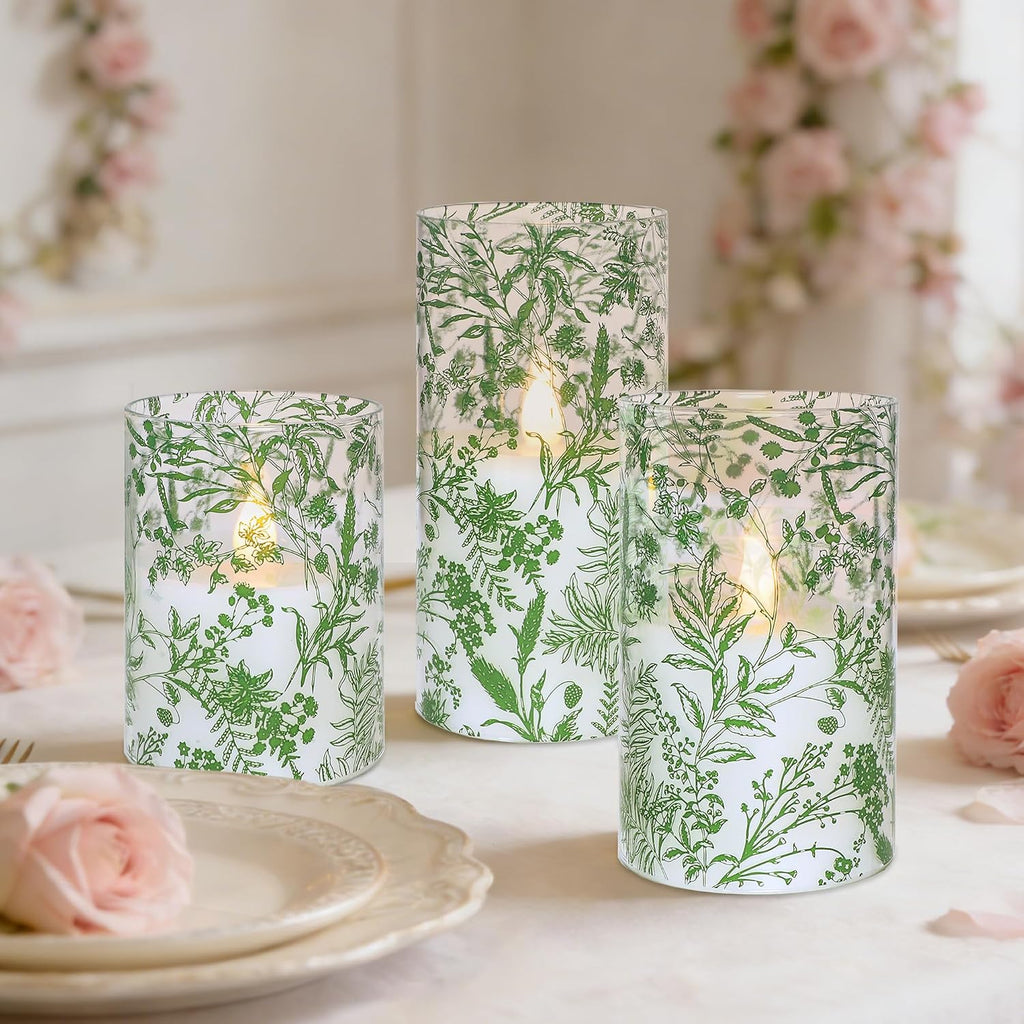 Green Botanical Glass Flameless Candles with Remote & Timer Fern Leaves Design Battery Operated Flickering Pillar LED Candles for St. Patrick's Day Home Party Decor Table Centerpiece
