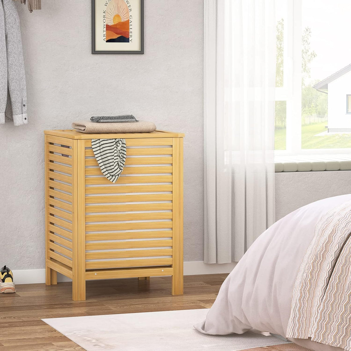 Homykic 120L Bamboo Laundry Hamper with Lid and Removable Bag, Natural