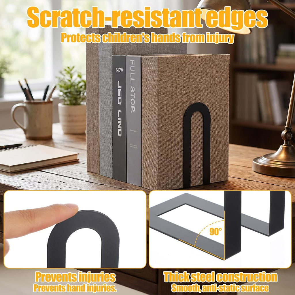 6 Pcs Modern Metal Bookends for Shelves, Metal Small Book Ends Book Shelf Organizer Minimalist Book Ends for Books/Movies/CDs, Decorative Bookends for Home Office, 5.5 x 3.75 x 2.25inch (Black)