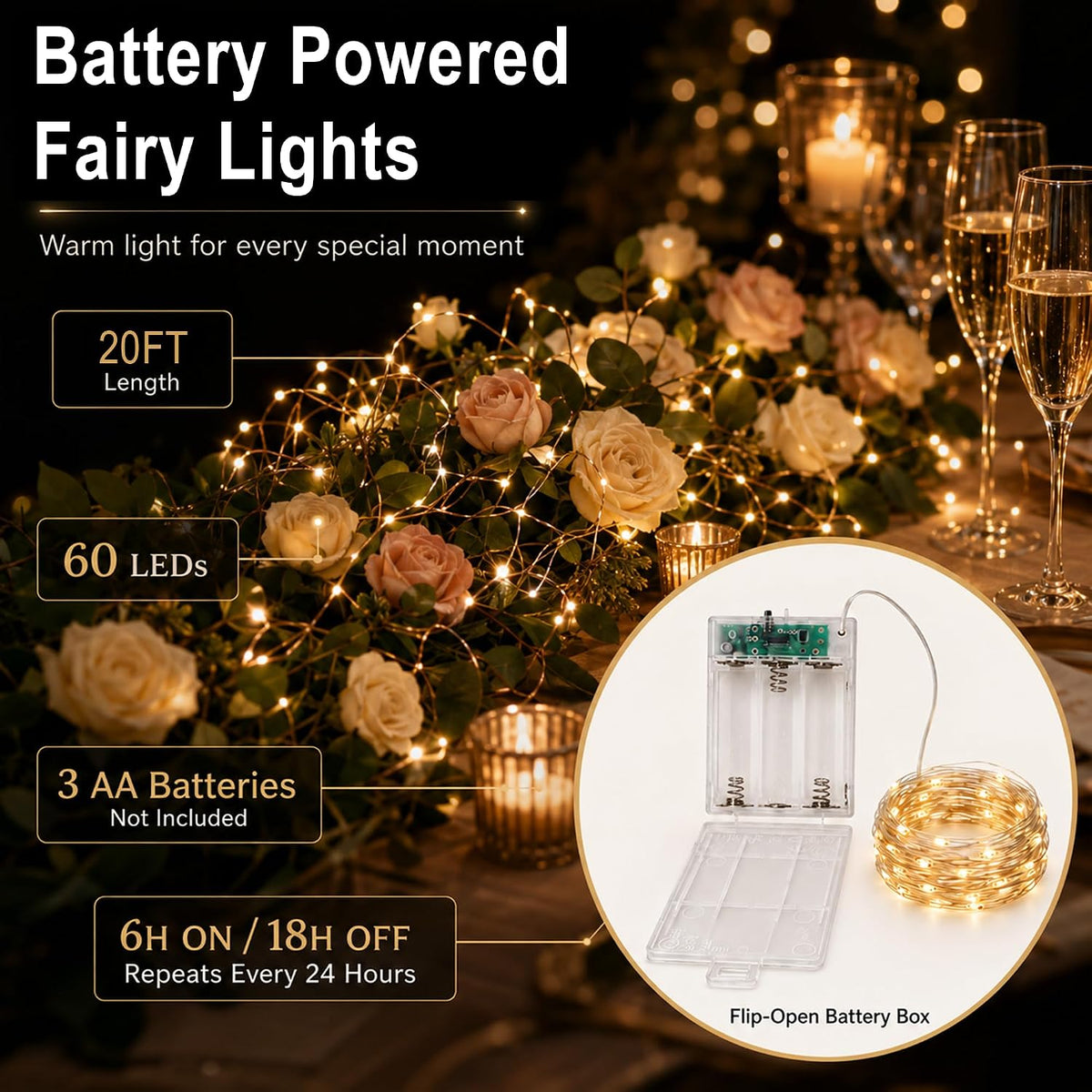 Adamonda 4 Pack Twinkle Fairy Lights Battery Operated,80FT Total (20FT per Strand), 240 Mini LEDs, IP65 Waterproof String Lights for Bedroom Christmas Party Indoor & Outdoor Decoration(Warm White)