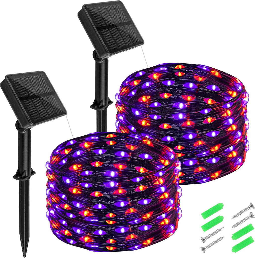 cshare Halloween Solar String Lights Outdoor, Orange Purple Solar Fairy Lights 2 Pack 16.4FT 50 LED Each, 8 Modes Waterproof Black Wire Fairy Lights for Yard Porch Fence Tree Bushes Decor