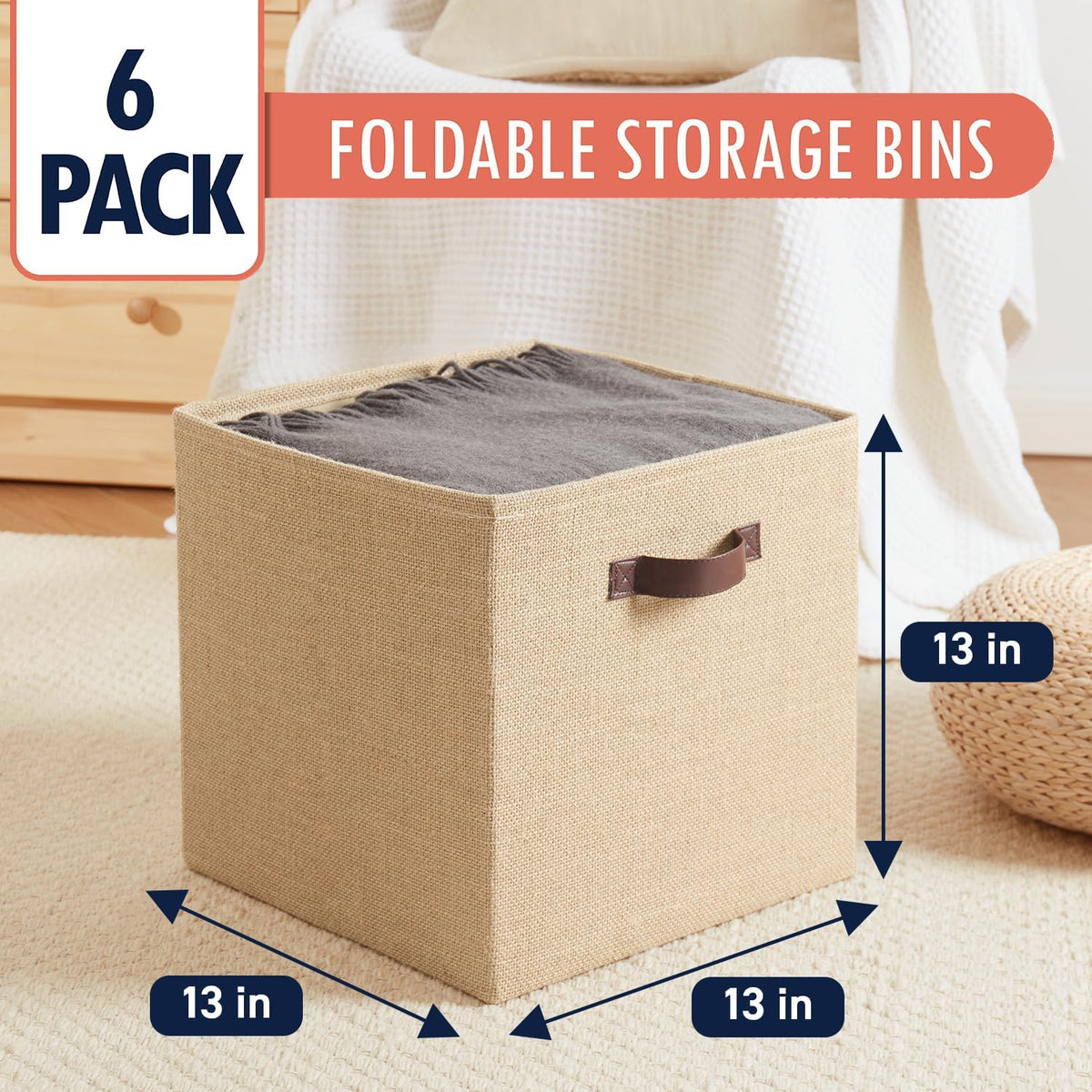 Ornavo Home 13x13 Jute Storage Cube Bins, 6 Pack, Foldable, Leather Handles