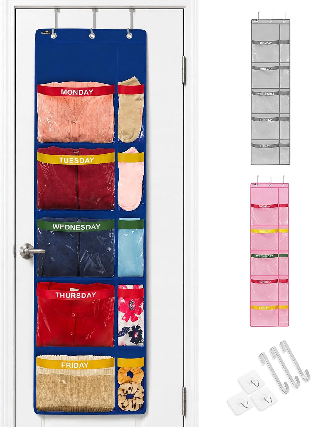 Handy Laundry Weekly Clothes Organizer for Kids – 5-Shelf Hanging Closet Storage with Day of the Week Labels, Over the Door or Wall Mount, Large Capacity, Encourages Routine, Blue
