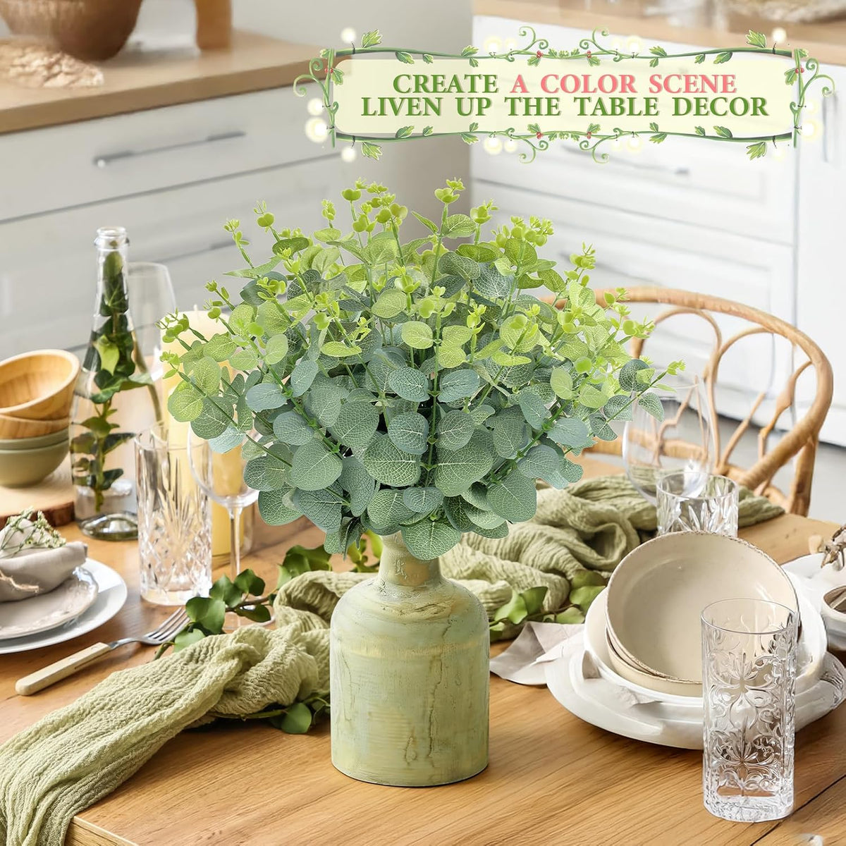 MEILIDY Artificial Eucalyptus Stems, Faux Foliage Branches, Green, 12 Pcs