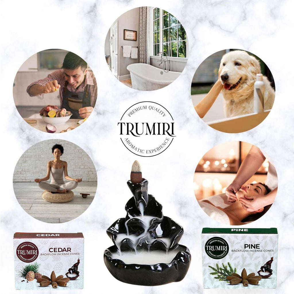 TRUMIRI Backflow Incense Cones - Combo Pack of 20 Incense Cones Waterfall - 10 Cedar + 10 Pine - Incense Backflow Cones - Waterfall Incense Cones - Incense Waterfall Cones