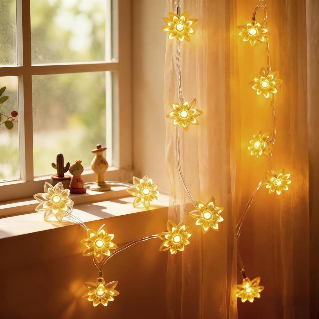 echosari Flower String Lights Battery Operated 158" Lotus Flower Warm White