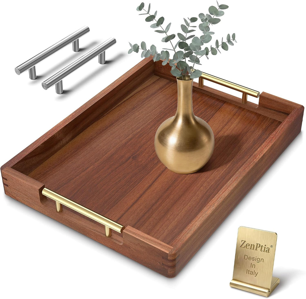 17-Inch Acacia Wood Serving Tray, 2 Handle Sets, Gold and Silver