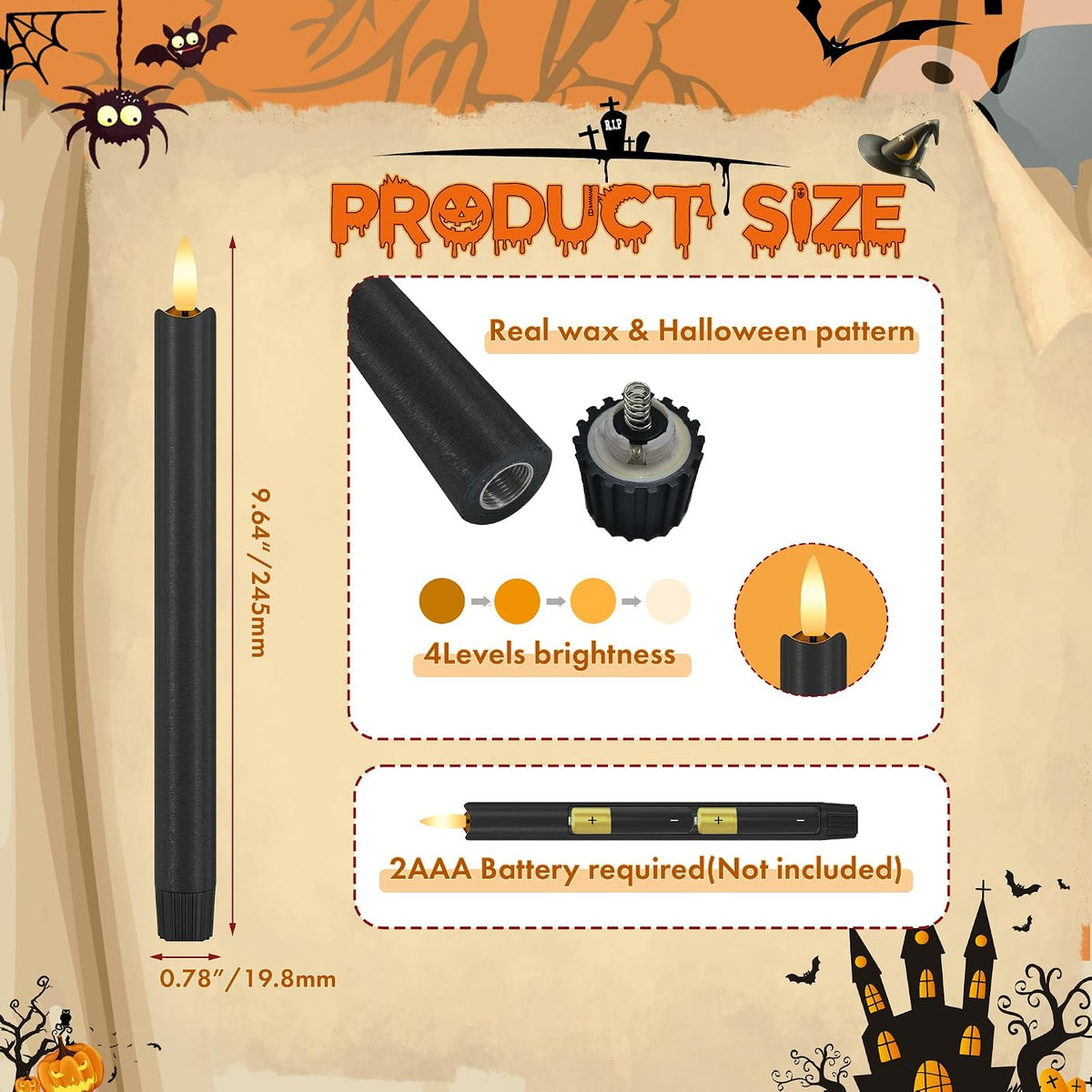 Black Halloween Flameless Candles with Remote, 9.6" Wax LED Taper Candles